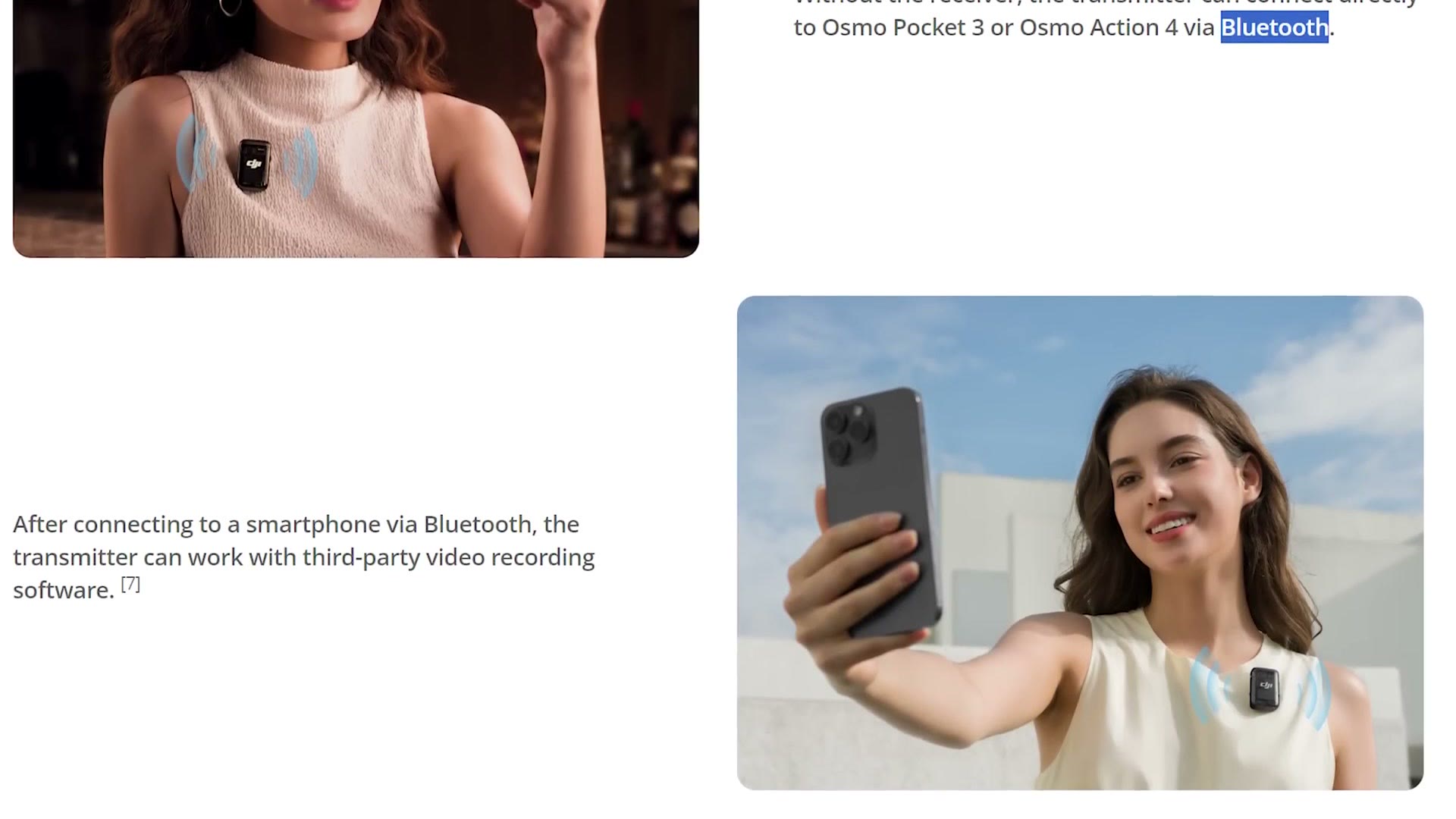 DJI page showing the transmitter connecting to Osmo Pocket 3 and a smartphone over Bluetooth