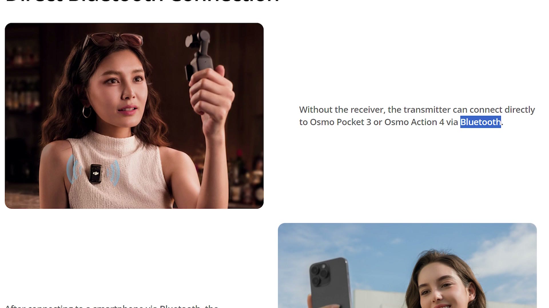 DJI web page explaining Bluetooth connection to Osmo Pocket 3 and Osmo Action 4