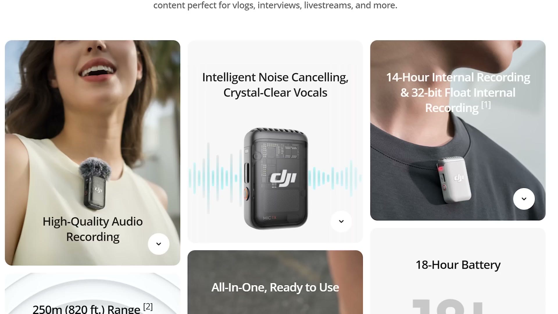 DJI Mic 2 product page listing internal recording and 32-bit float