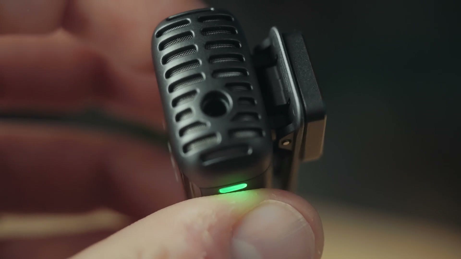Close-up of the DJI lavalier microphone capsule