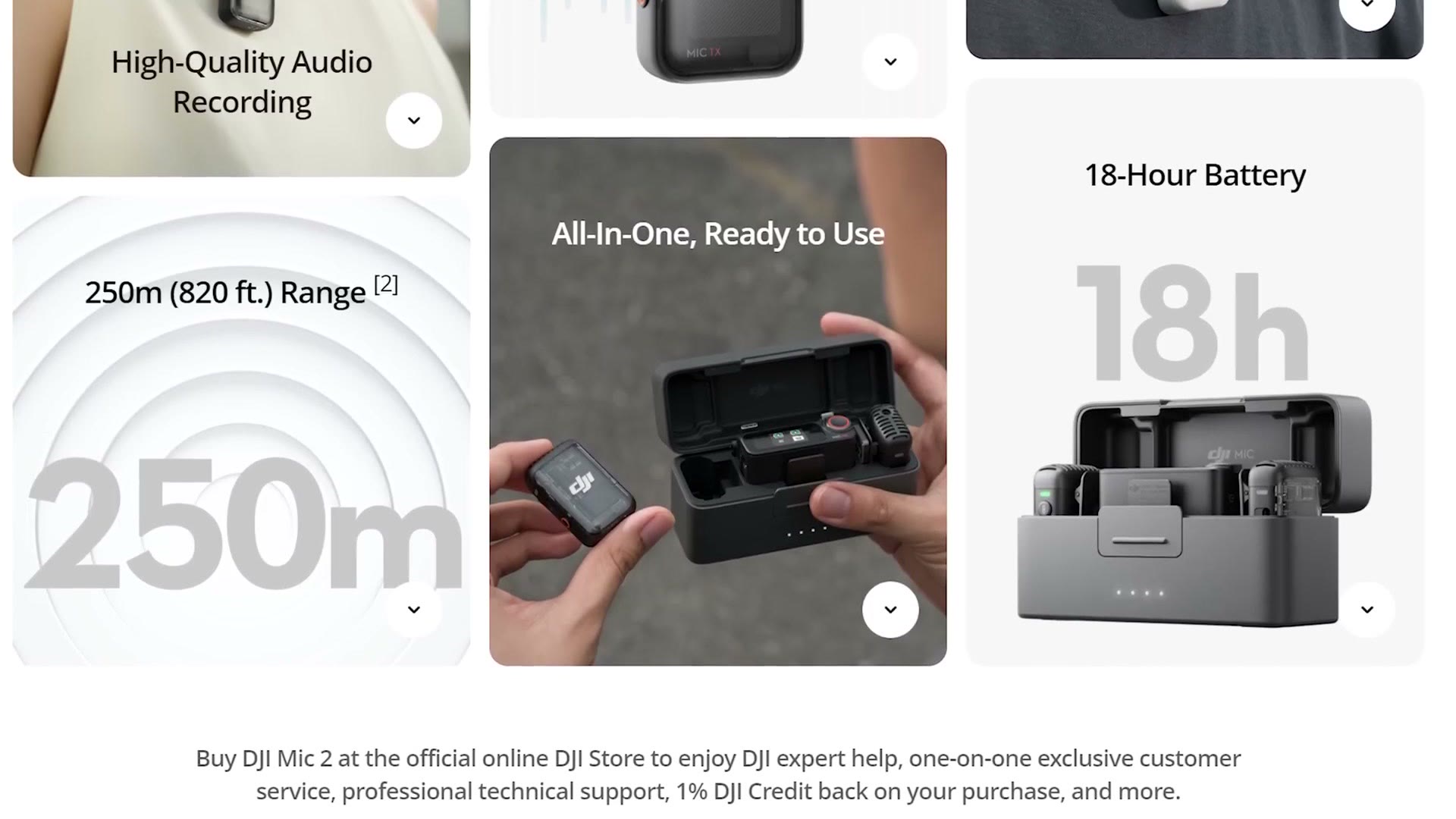 DJI product page showing the 250m range and 18-hour battery claims