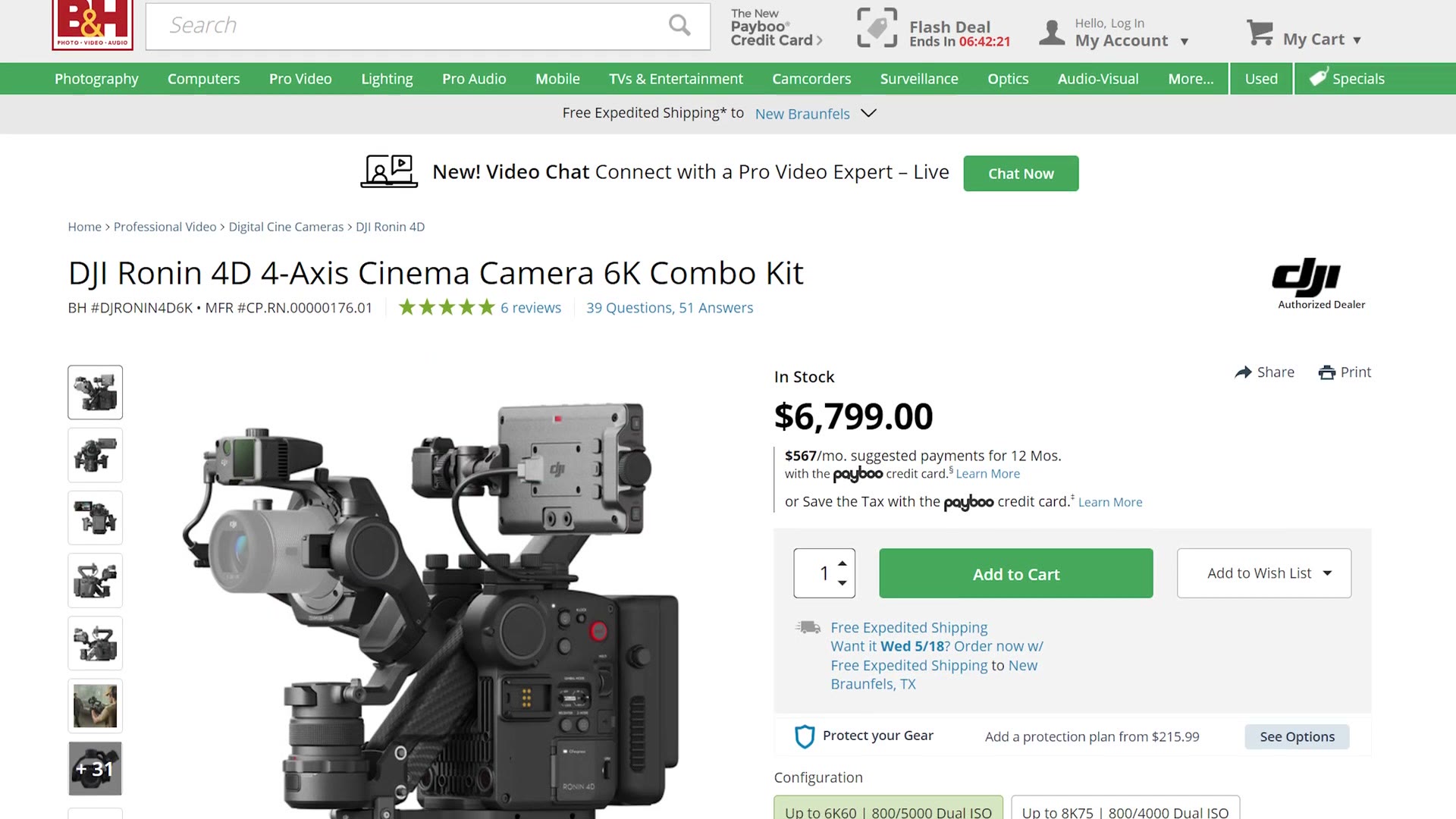 B and H product page for the DJI Ronin 4D 4-Axis Cinema Camera 6K Combo Kit