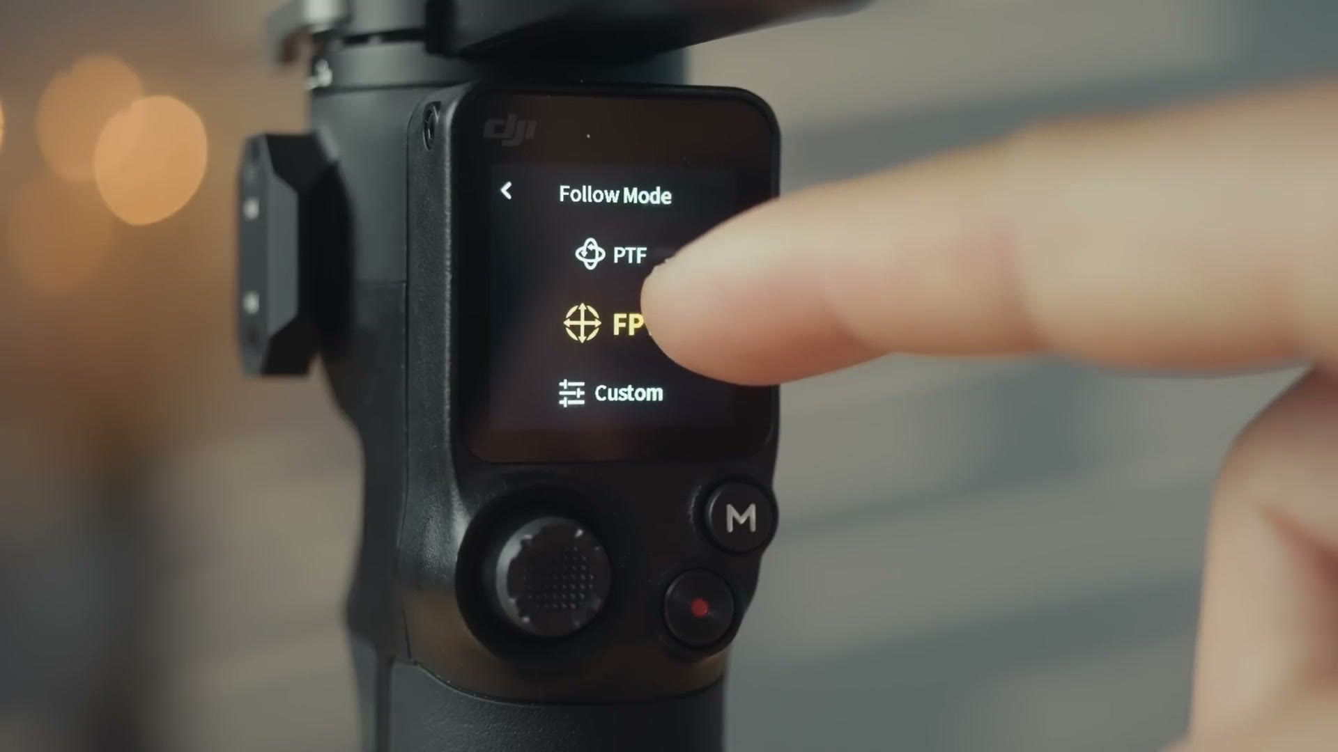 DJI RS 3 Mini touchscreen showing the follow mode menu with PTF selected