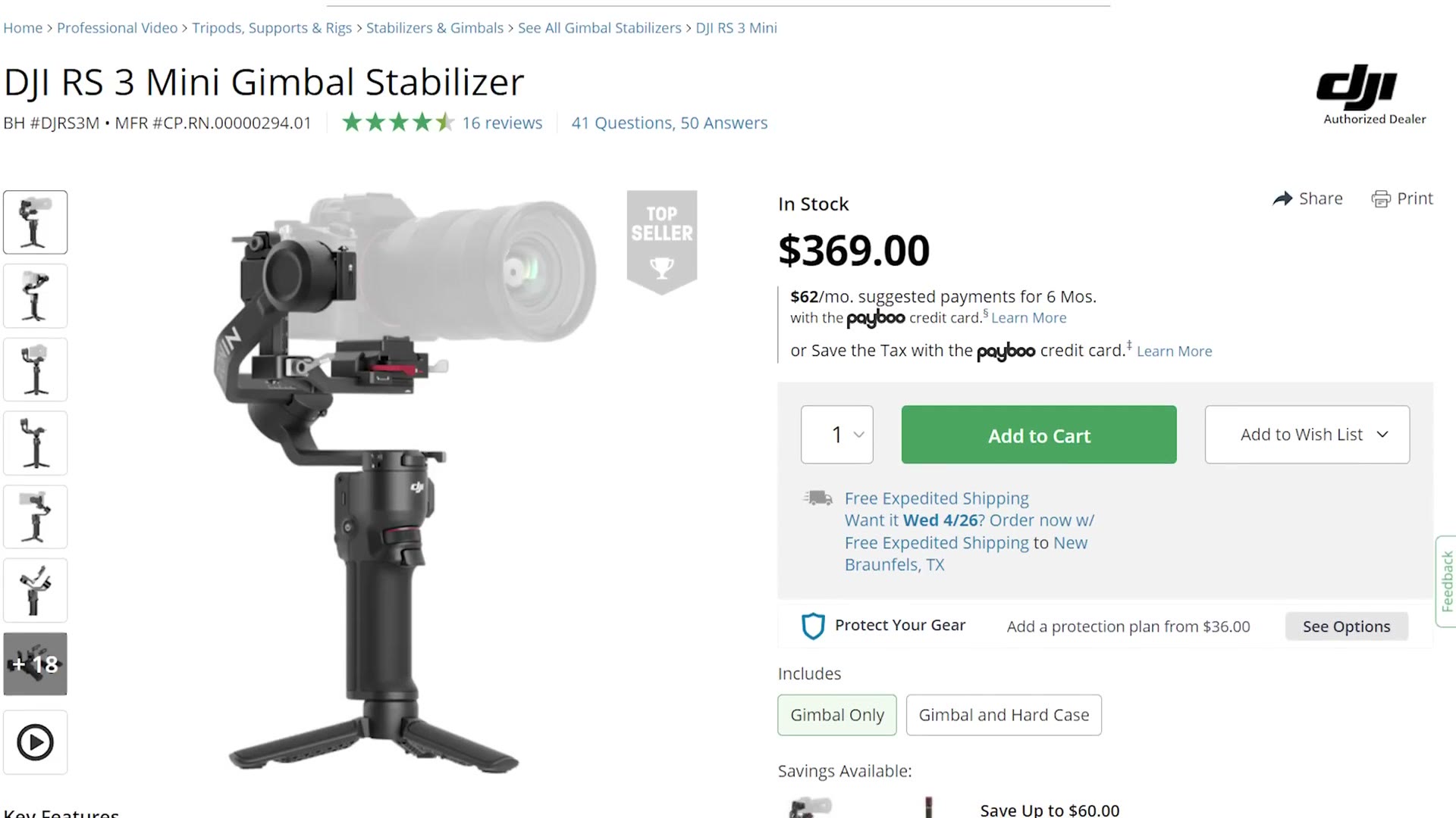 B&H product page for the DJI RS 3 Mini gimbal stabilizer at $369