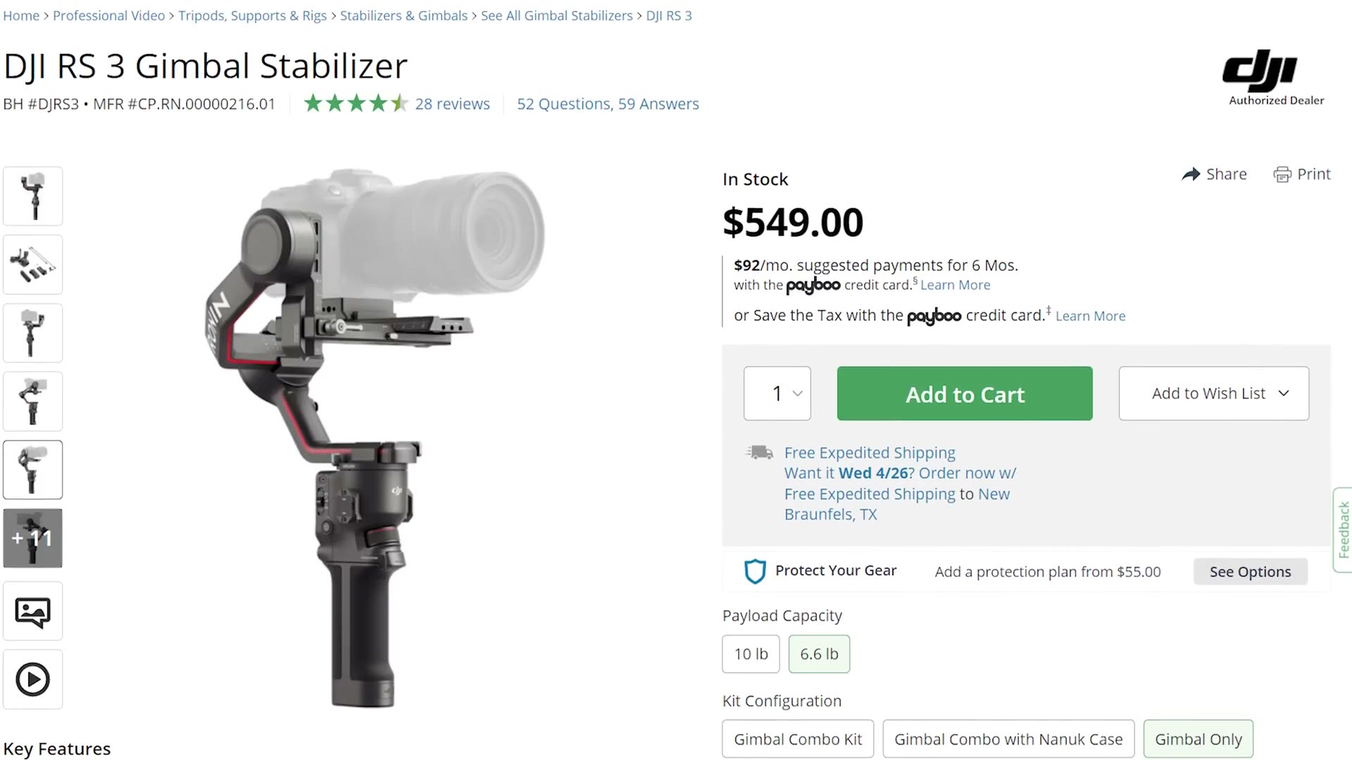B&H product page for the DJI RS 3 gimbal stabilizer at $549