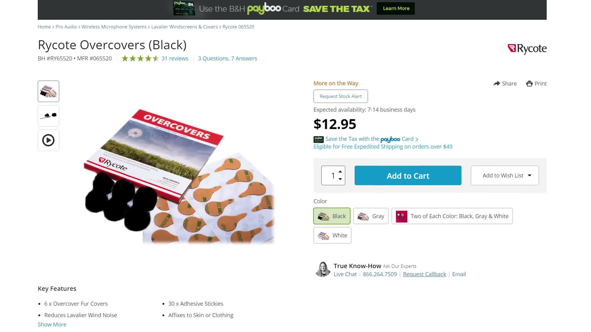 The B&H product page for Rycote Overcovers in black, priced $12.95, listing six fur covers and thirty adhesive stickies.