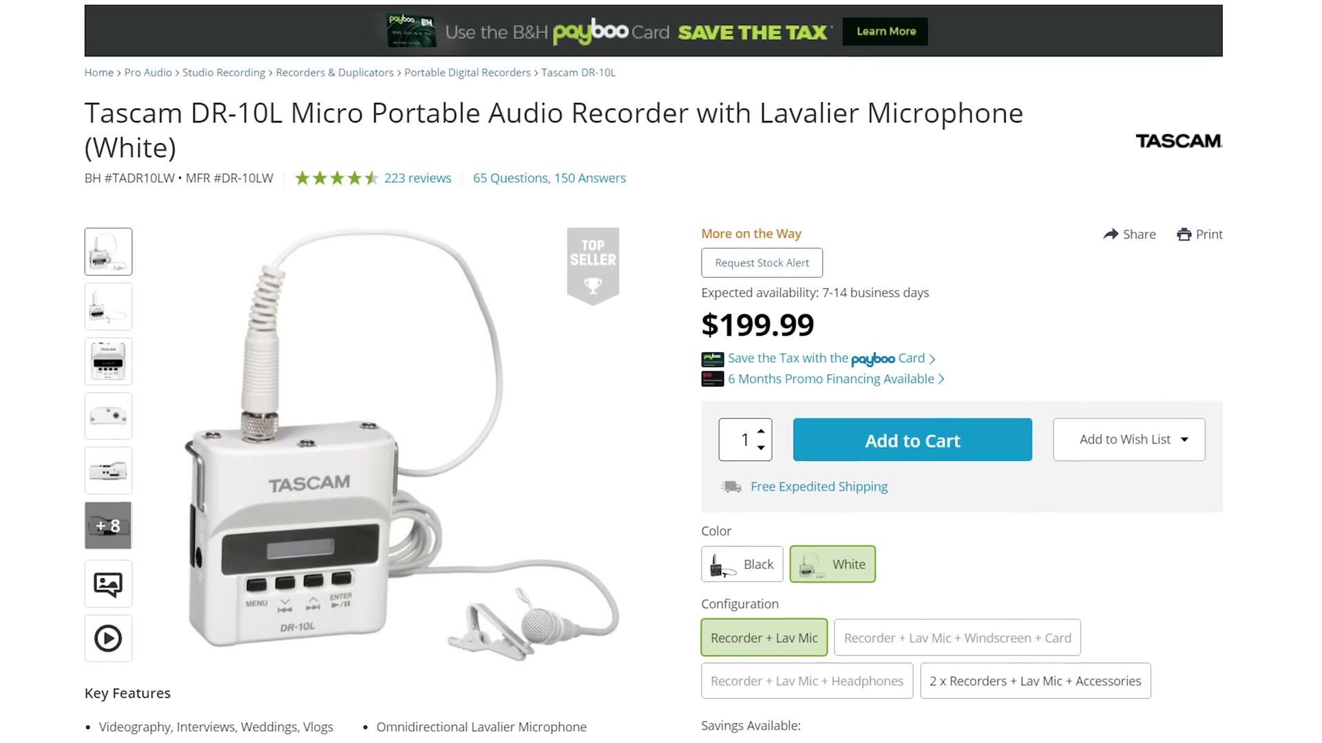 The B&H product page for the Tascam DR-10L in white with lavalier microphone, priced $199.99.