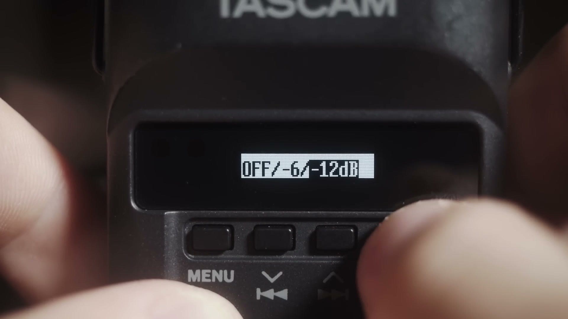Tascam DR-10L screen showing the Dual Rec options OFF slash minus 6 slash minus 12 dB