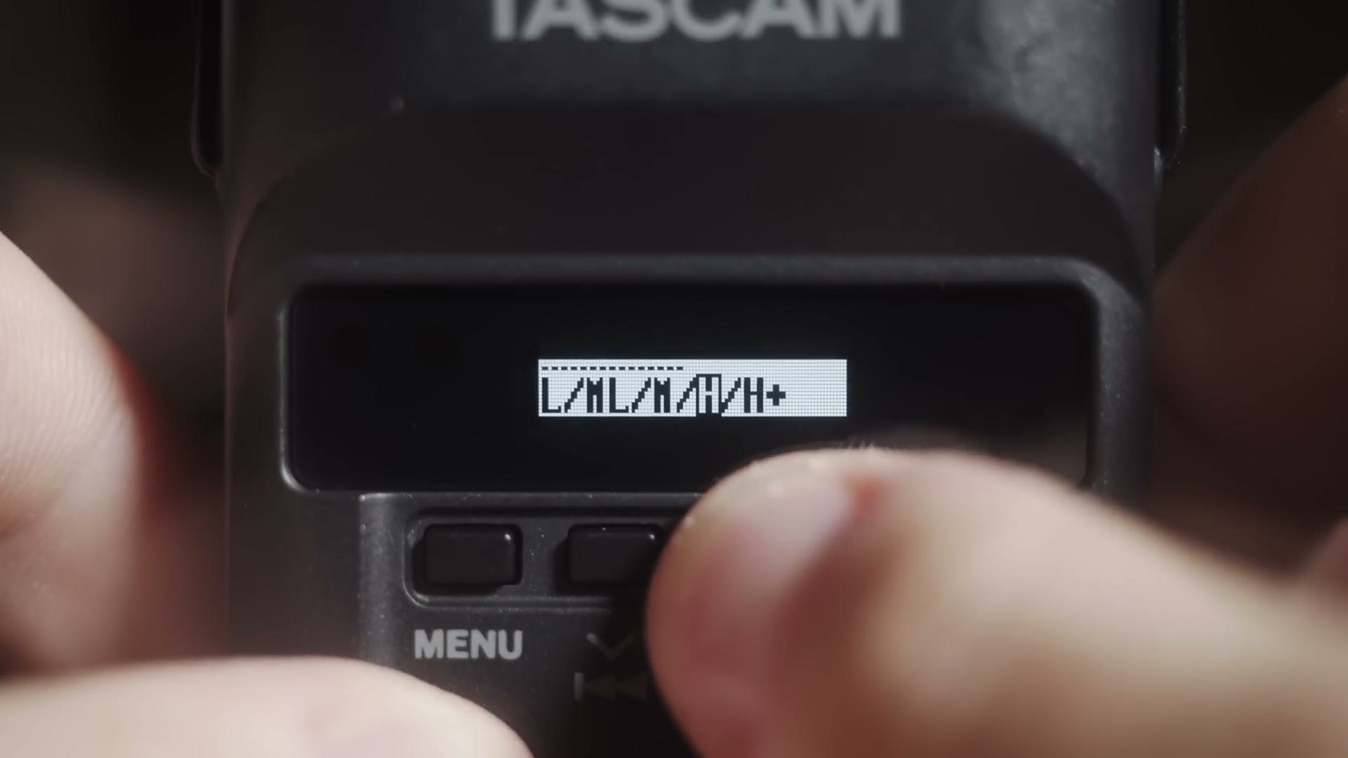 Tascam DR-10L screen showing the Mic Gain options L slash ML slash M slash H slash H plus