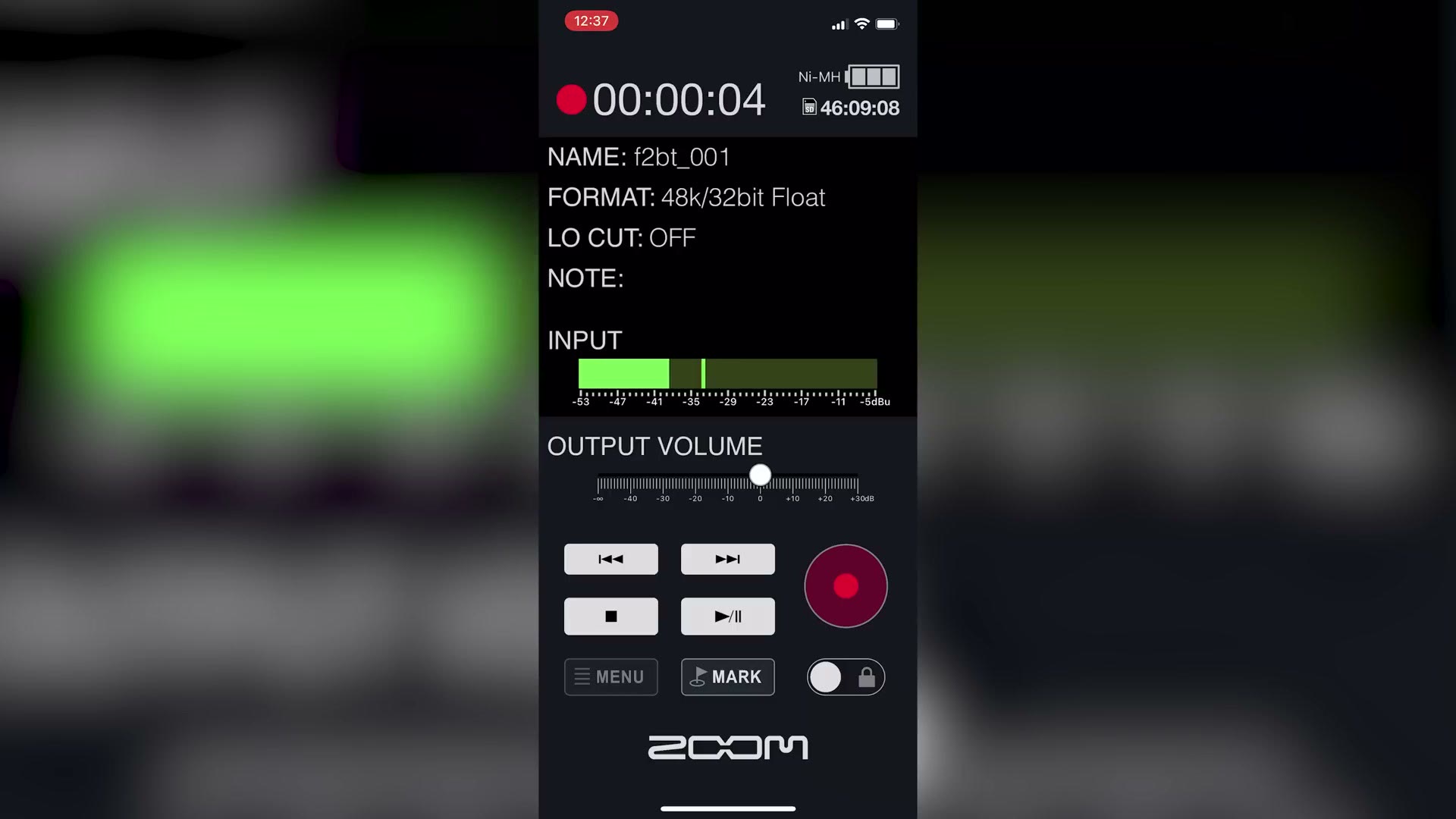 A phone running the Zoom F2 Control app, showing a running timer, battery level, remaining record time and the format set to 48k 32bit Float.