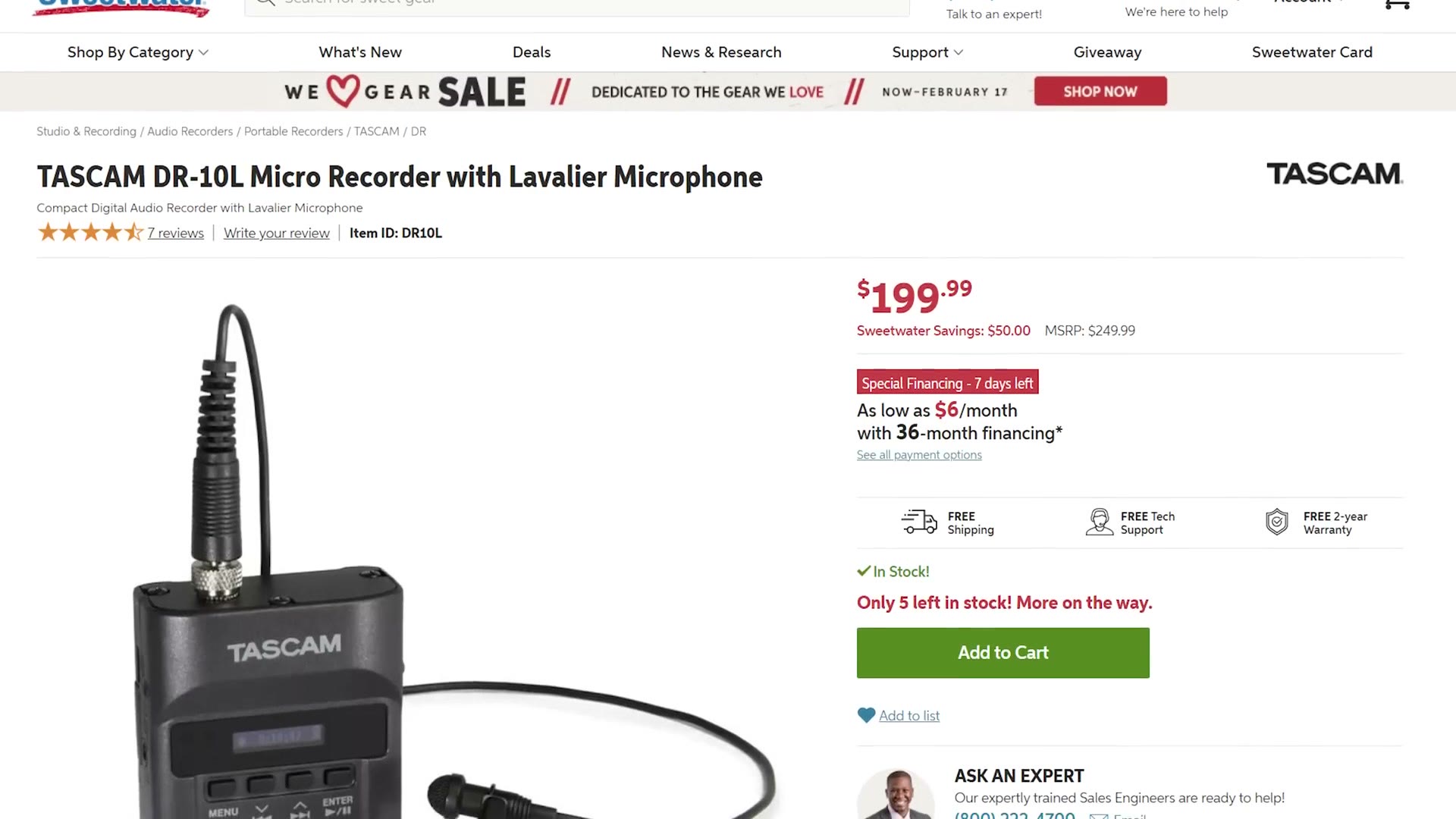 A Sweetwater product page for the Tascam DR-10L micro recorder with lavalier microphone, priced $199.99 against a $249.99 list price.