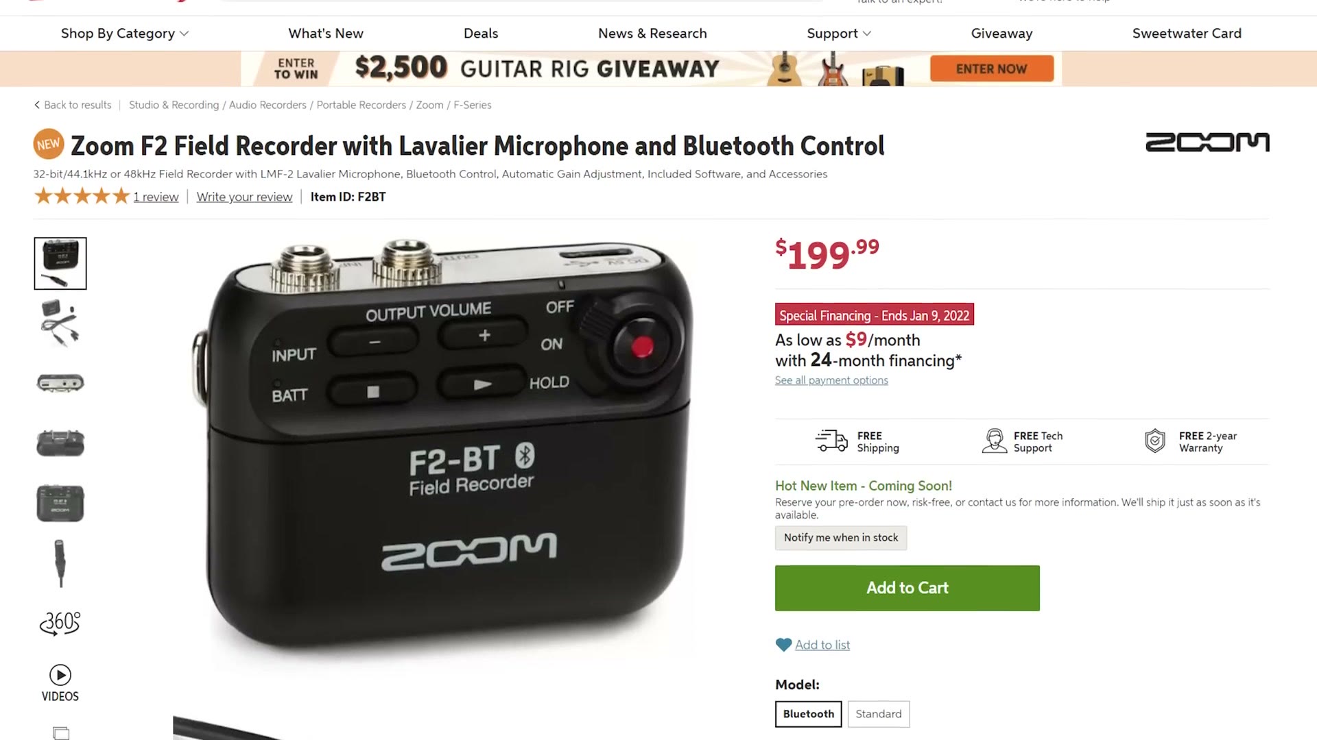A Sweetwater product page for the Zoom F2-BT Field Recorder with lavalier microphone and Bluetooth control, priced $199.99.