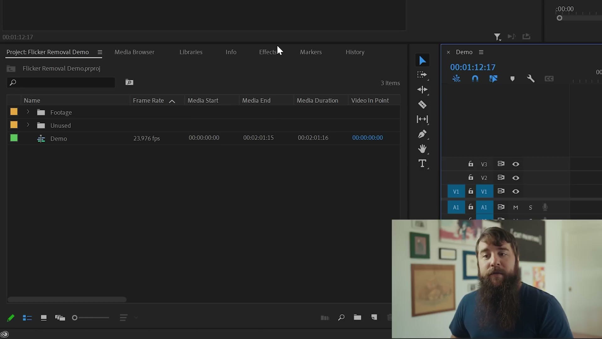 Dragging the Flicker Free effect onto a clip in Premiere Pro
