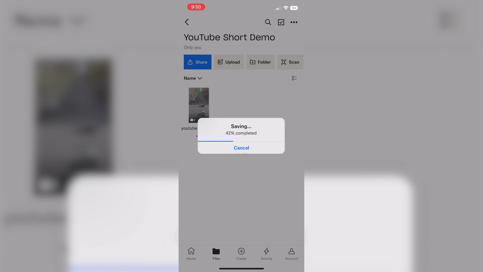 The Dropbox mobile app saving a file called YouTube Short Demo