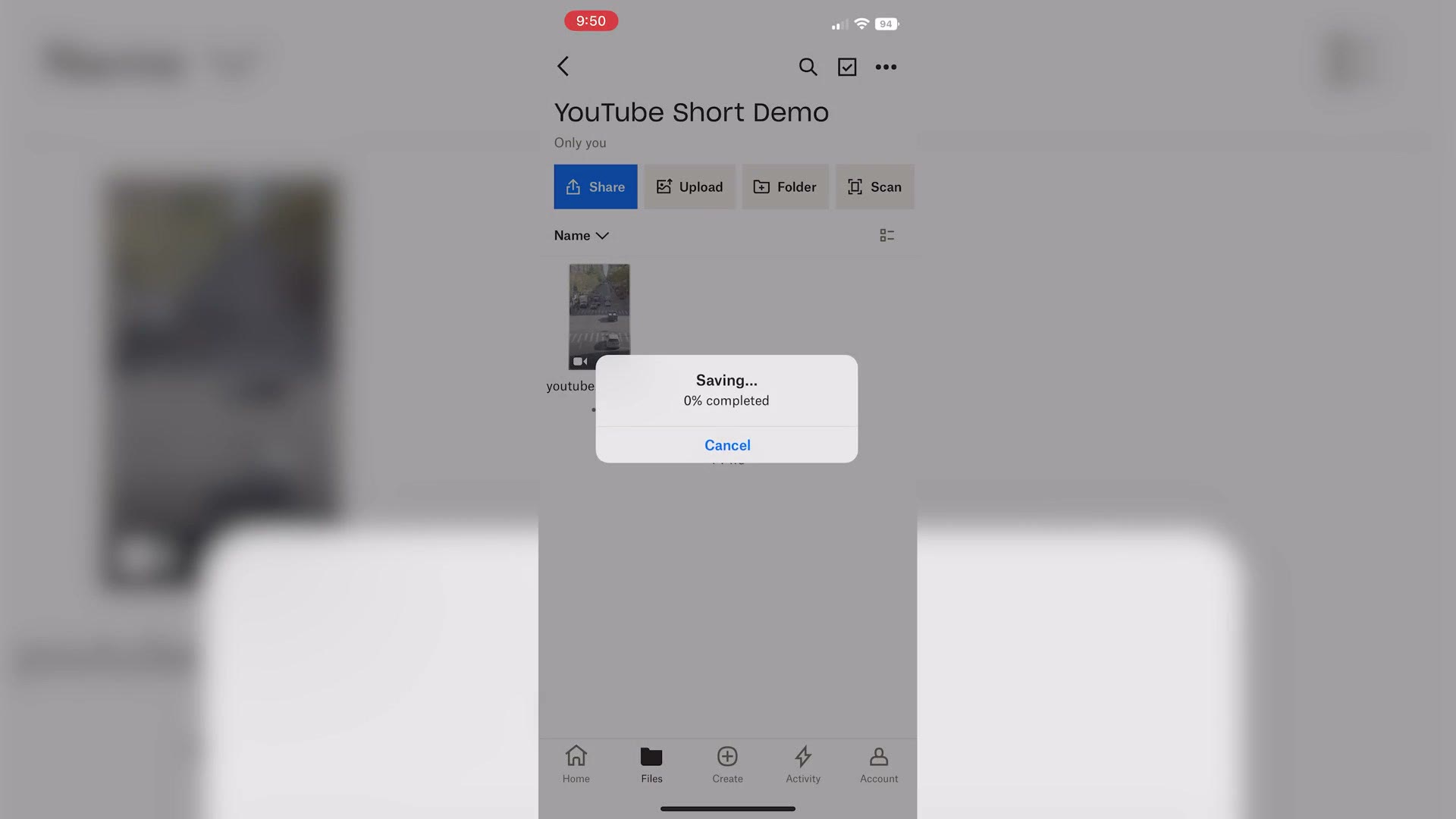 The Dropbox mobile app saving a file called YouTube Short Demo