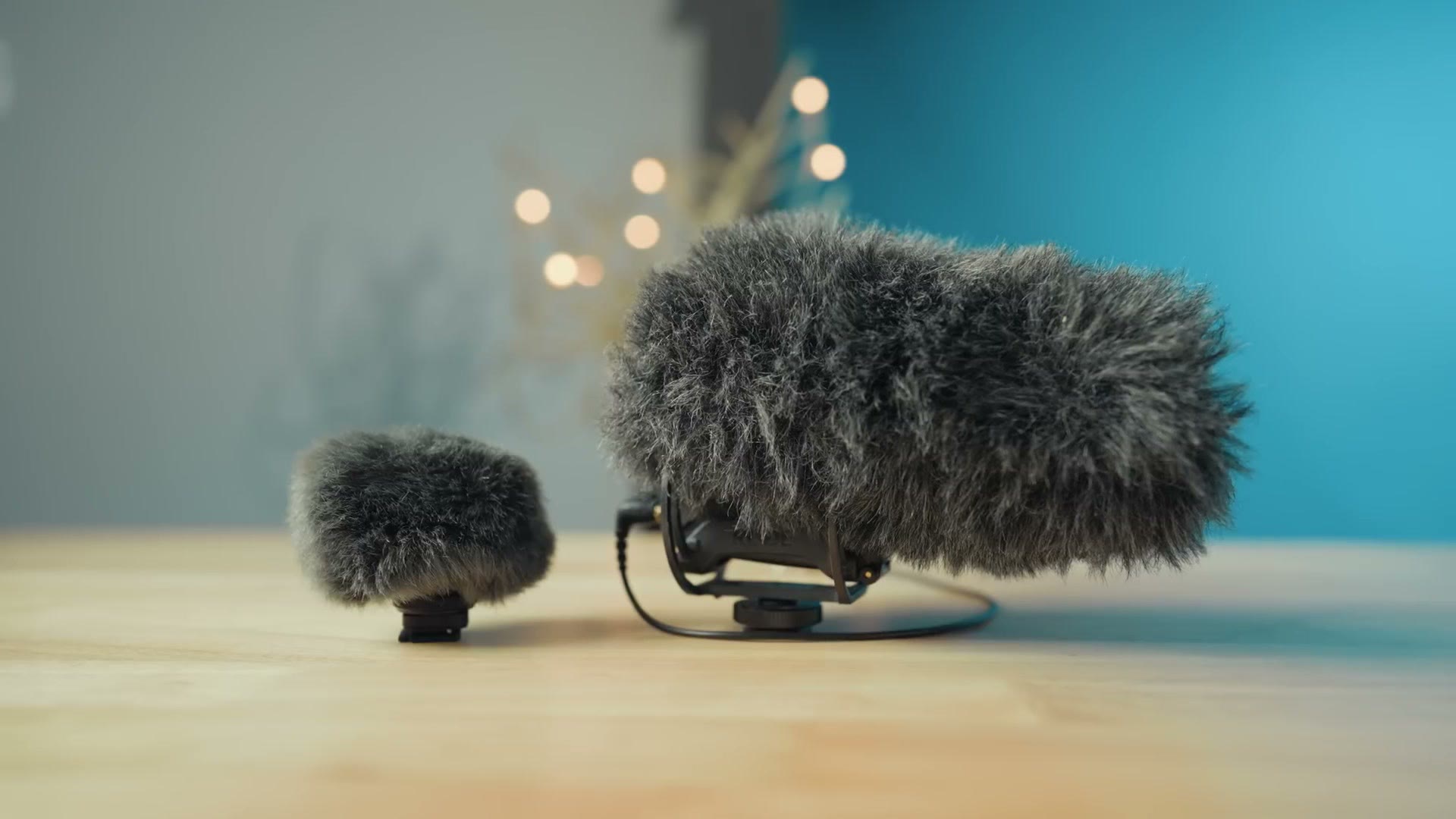Rode VideoMic Pro Plus with a dead cat next to the much smaller Sony ECM-G1