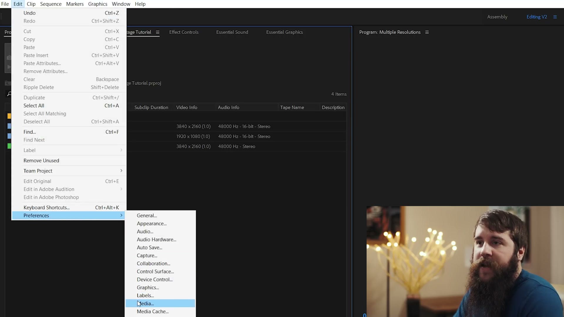 Edit menu with the Preferences submenu open and Media highlighted at the bottom of the list