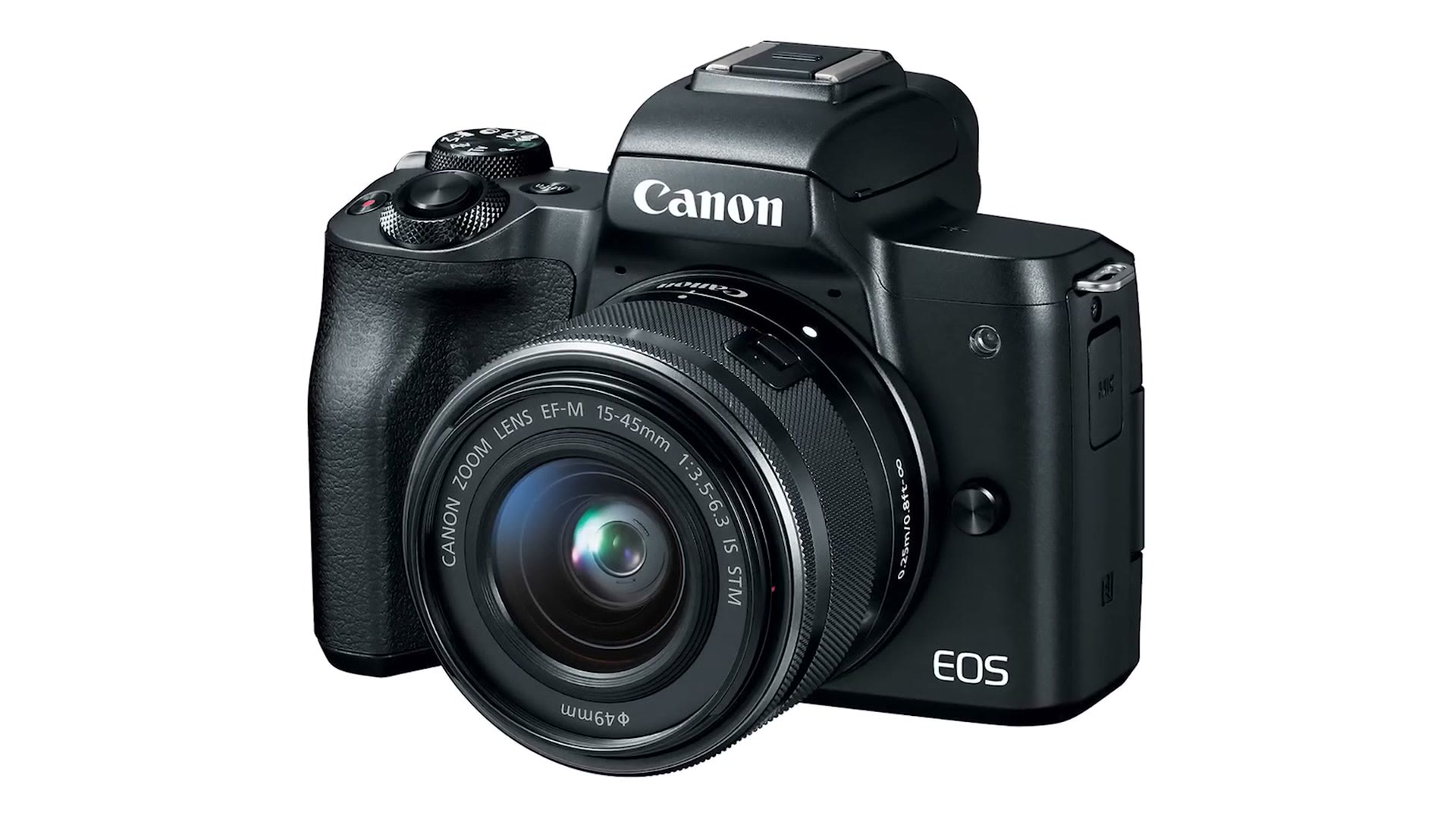 Canon EOS M50 product render with the EF-M 15-45mm kit lens