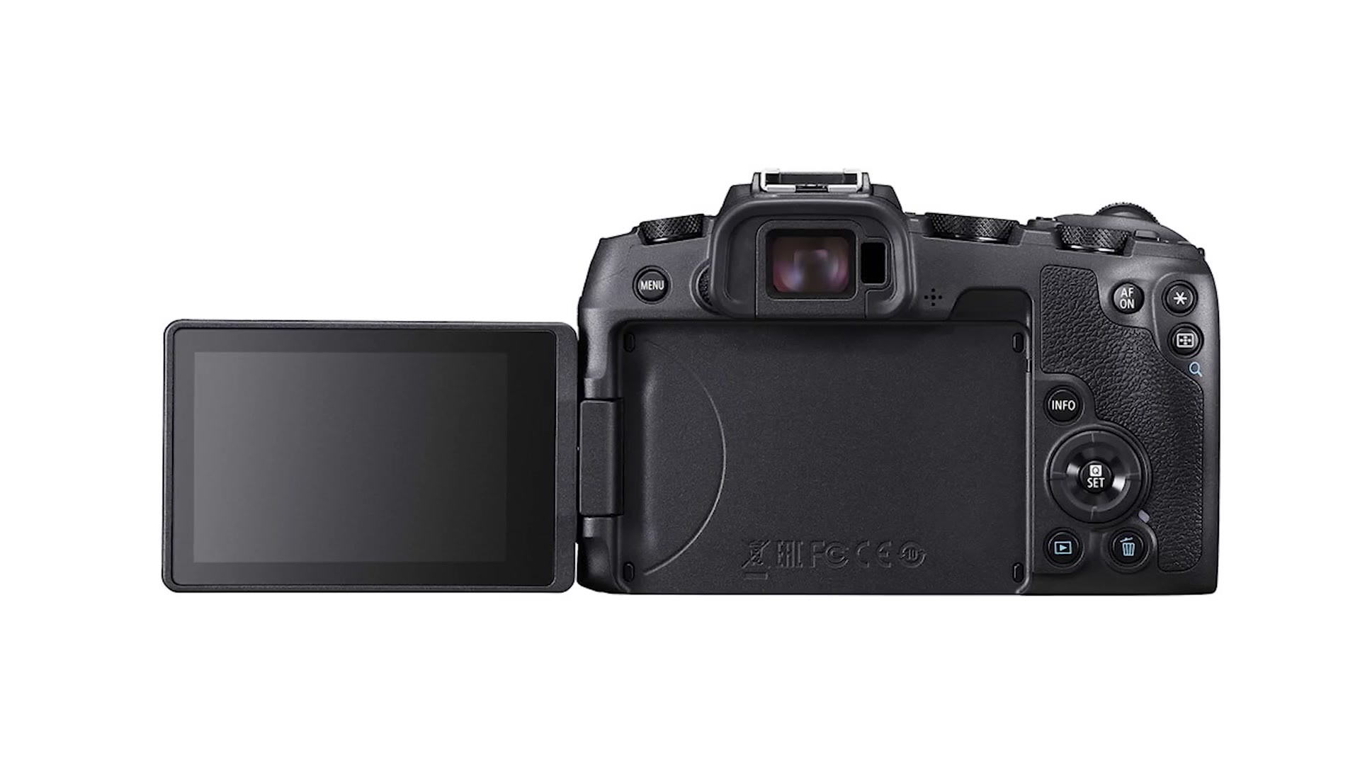 Back of the Canon EOS RP with its fully articulating screen flipped out to the side