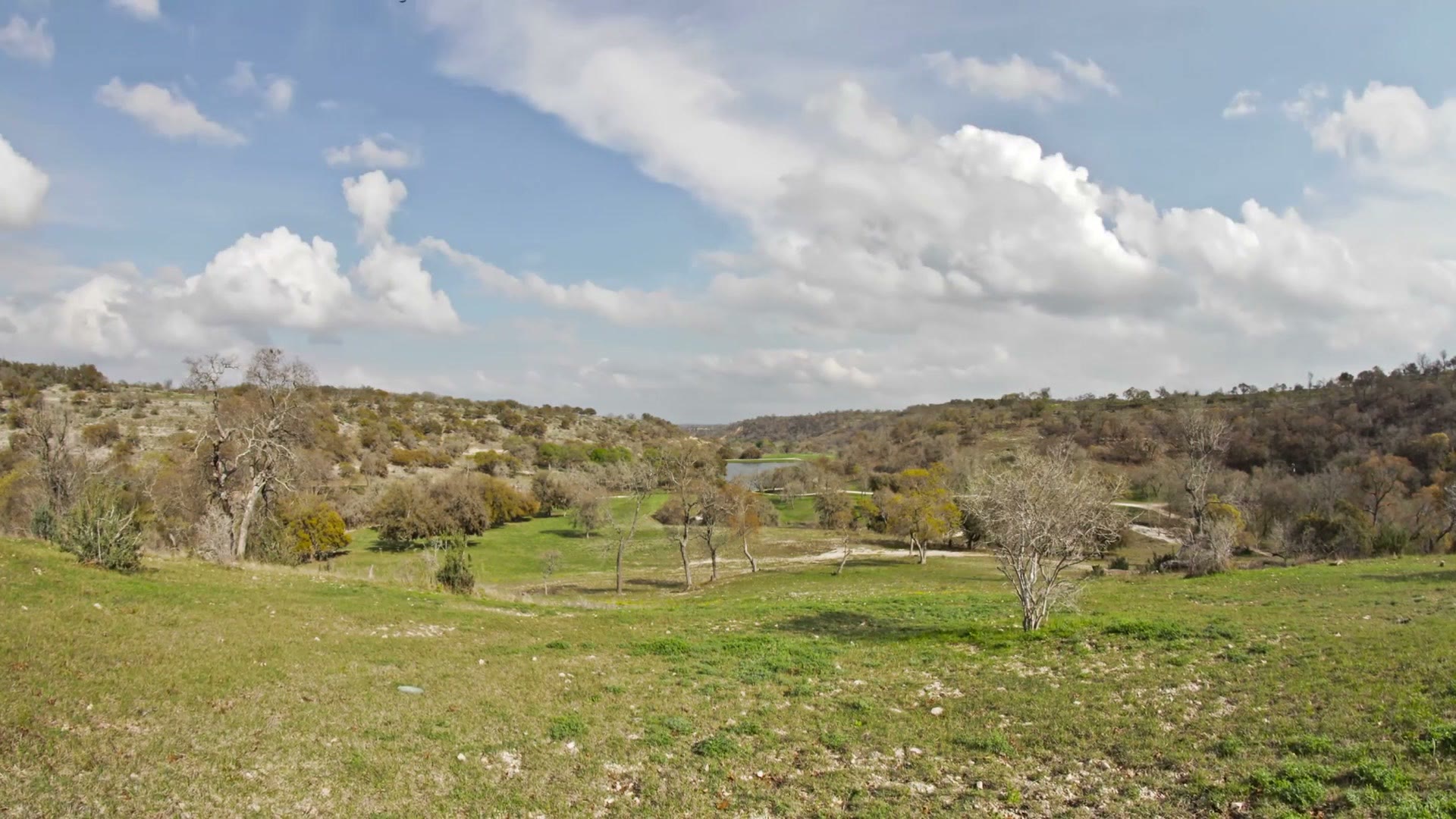Timelapse frame of a green pasture at the ranch under a bright blue sky filled with cumulus clouds