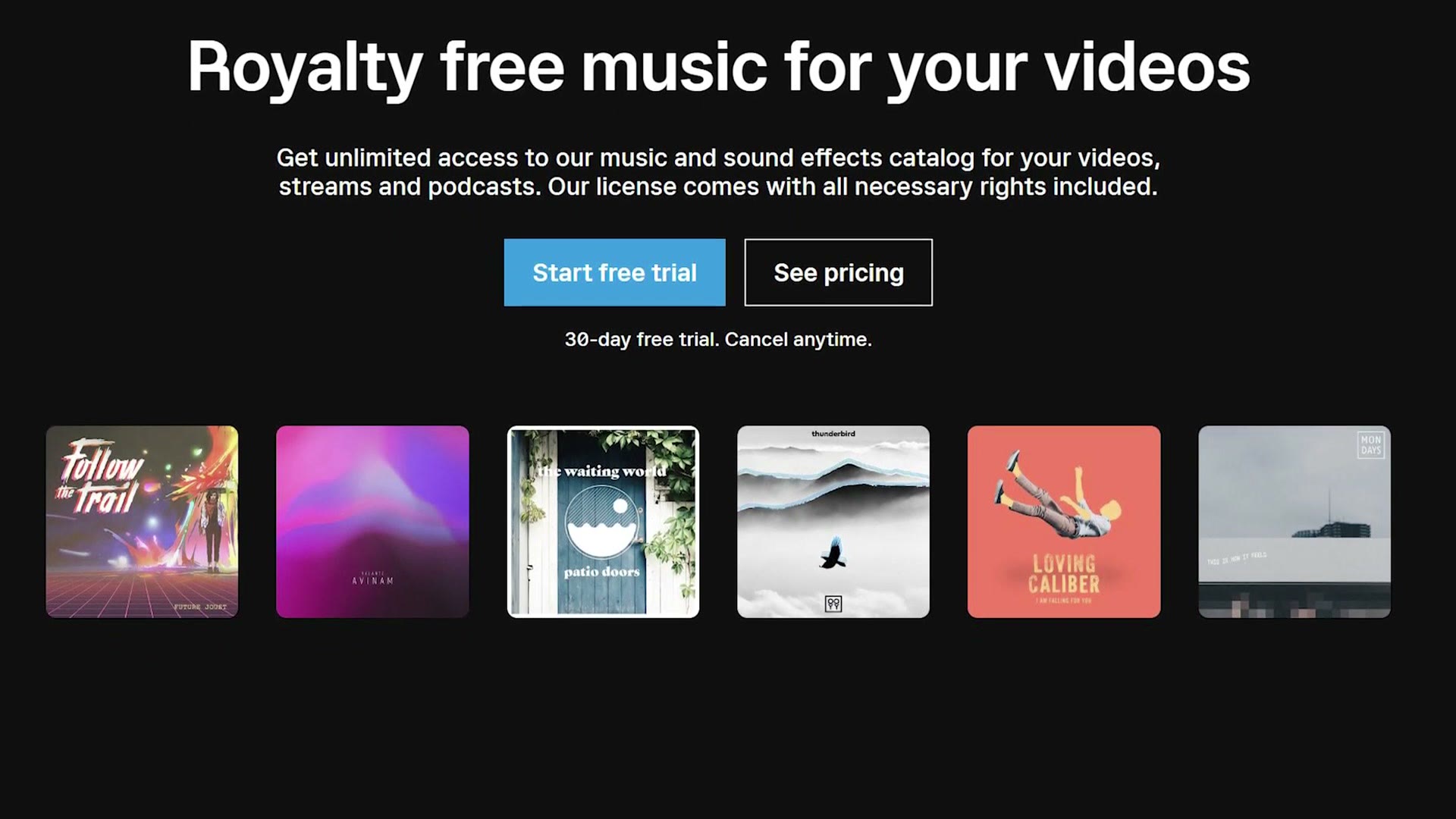 The Epidemic Sound homepage offering a 30 day free trial