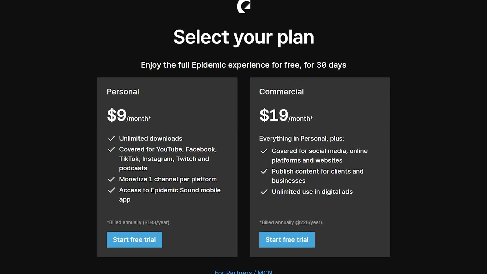 Epidemic Sound pricing showing personal at $9 a month and commercial at $19 a month