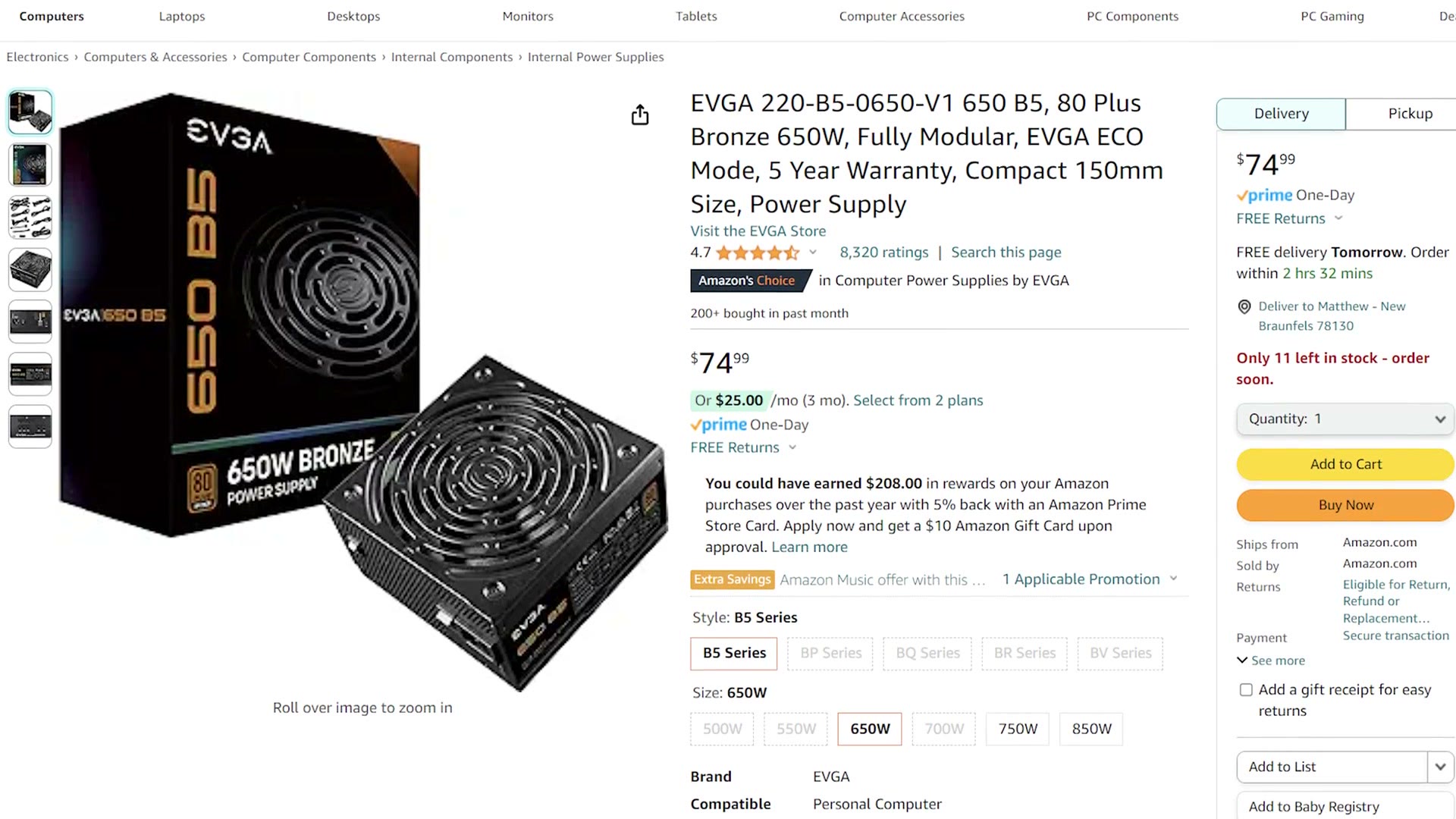 EVGA 650 B5 fully modular power supply listing