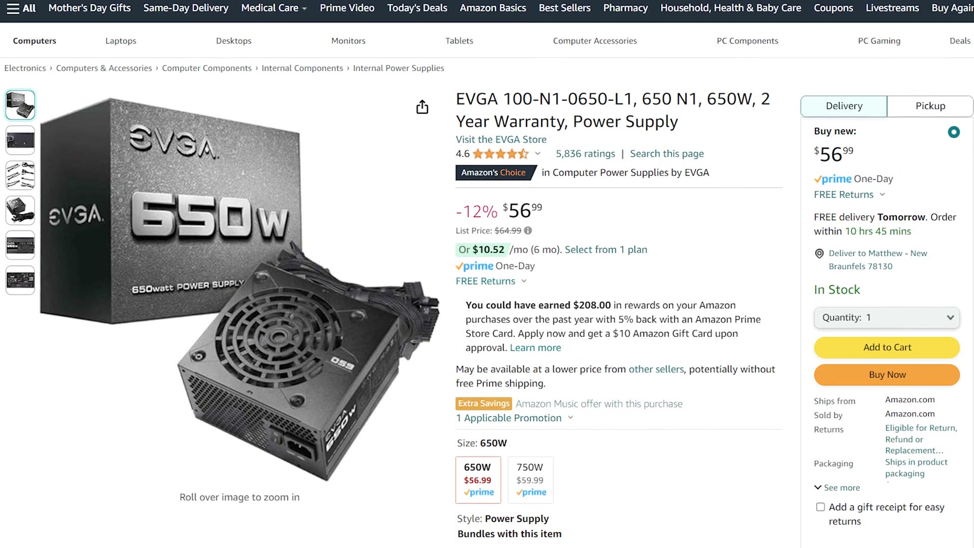 EVGA 650 N1 power supply listing
