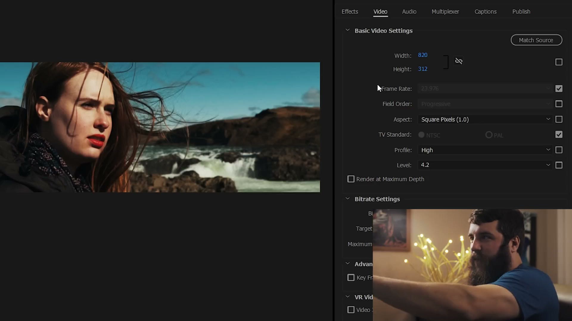 Premiere Pro export video settings with width 820 and height 312, square pixels, profile High and level 4.2