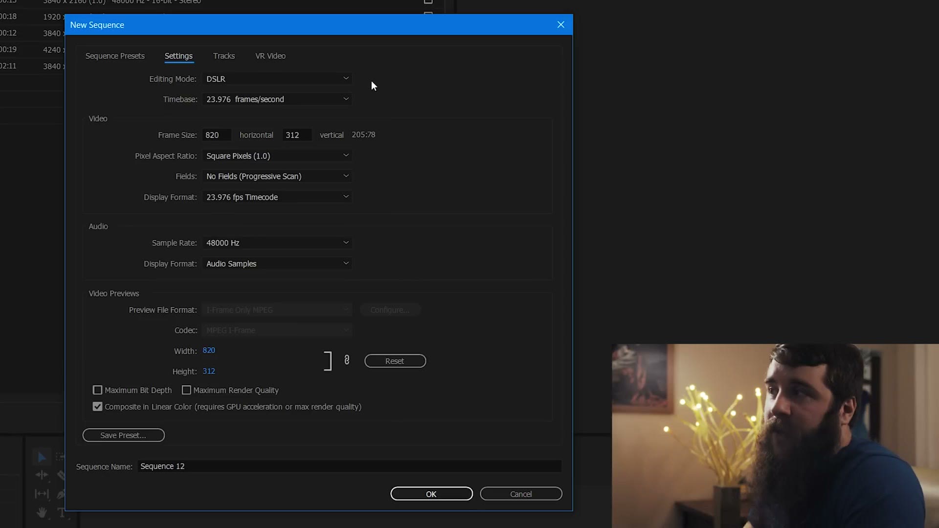 Premiere Pro New Sequence settings showing a frame size of 820 by 312 with a pixel ratio of 205 to 78