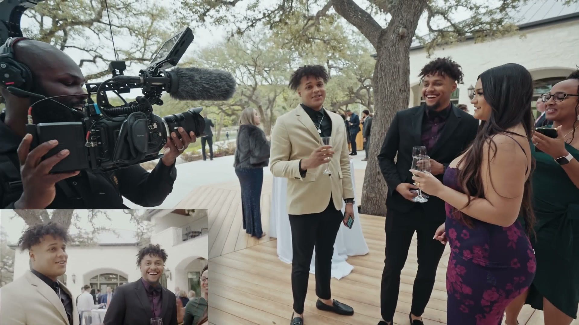 Justin Porter filming cocktail hour guests with his shoulder rig