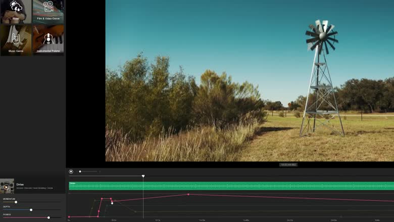 The Filmstro app with momentum, depth and power sliders and an automation curve drawn across the timeline under a video preview