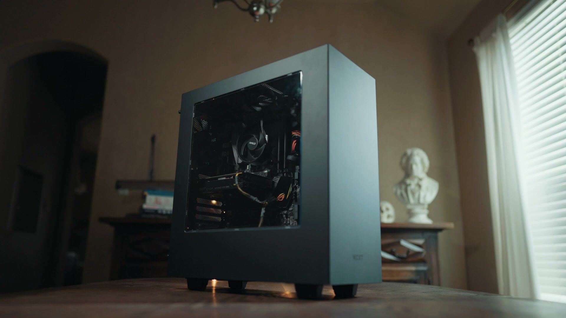 A finished video editing PC standing in a room