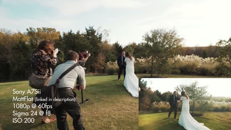Two camera operators and a photographer covering the moment the couple embrace at the first look, with a picture-in-picture of the resulting shot