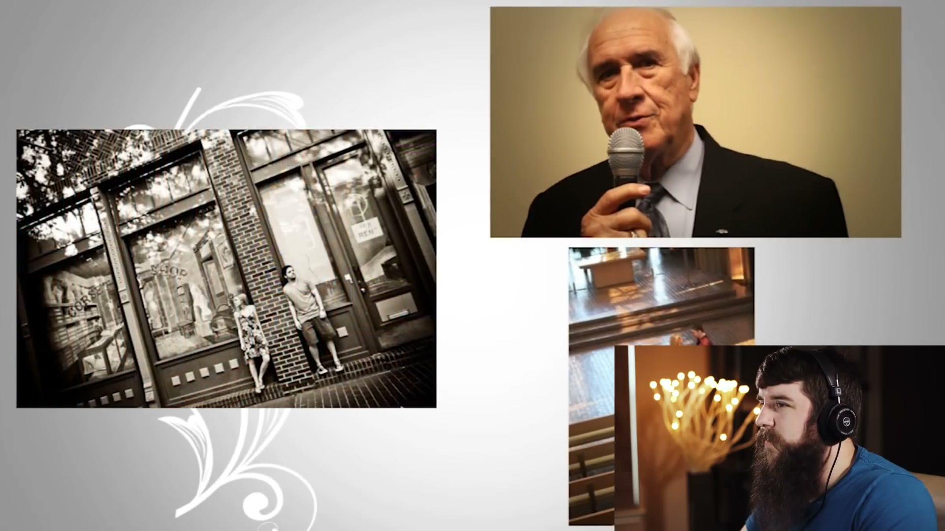 A well wishes sequence laid out on a white background with white swirl and flourish graphics, a guest speaking into a microphone in one box and wedding photos floating in others.