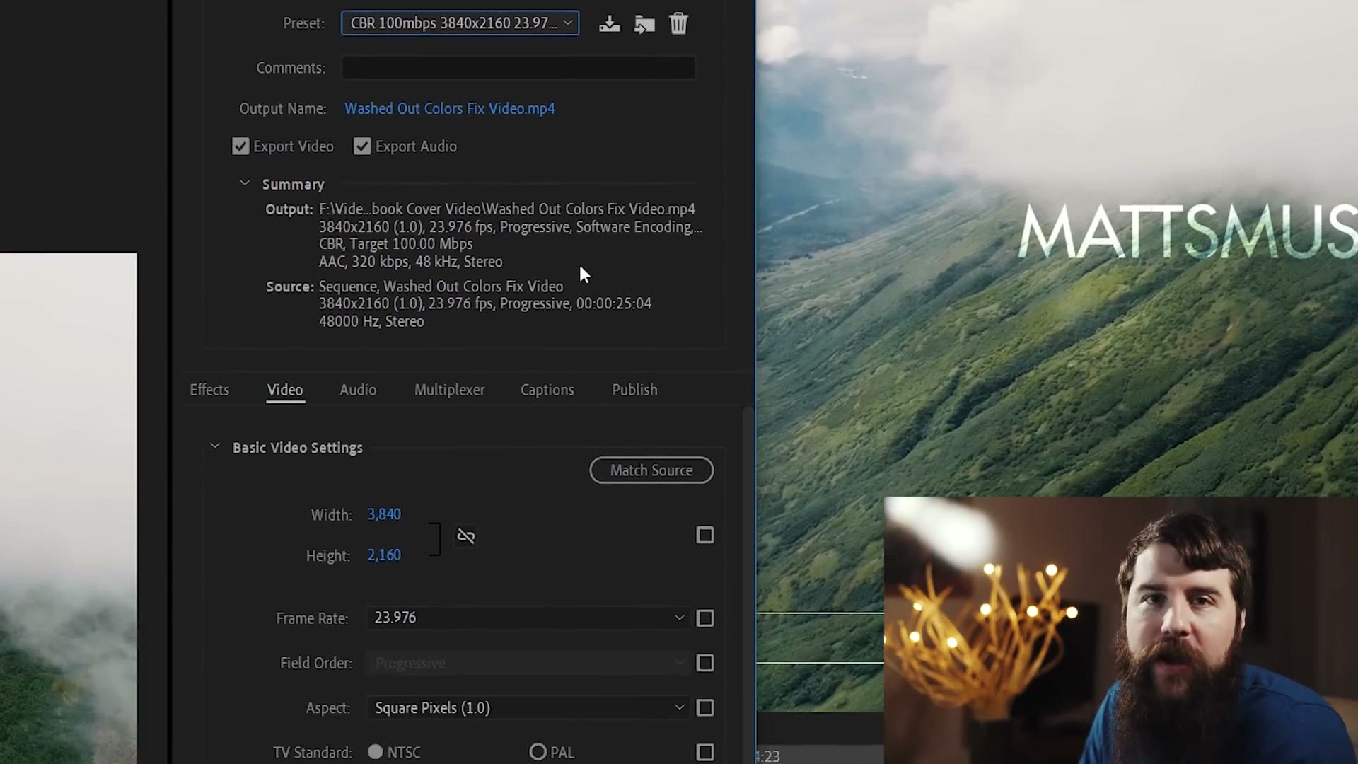 The Adobe Premiere Pro export settings dialog showing an output summary, basic video settings and a preview of a green mountain landscape.