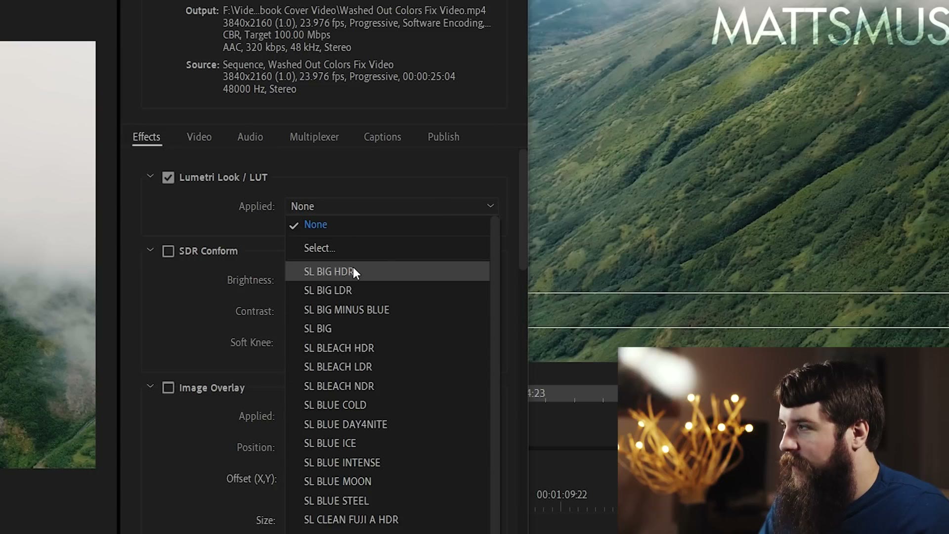 The Effects tab of Premiere's export dialog with Lumetri Look / LUT ticked and the Applied dropdown open, showing None, Select and a long list of built-in looks.