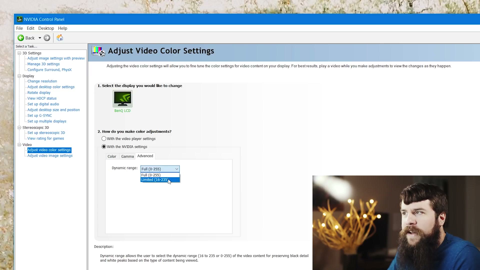 The NVIDIA Control Panel Adjust Video Color Settings page with the Advanced tab open and the Dynamic Range dropdown showing Full (0-255) and Limited (16-235).