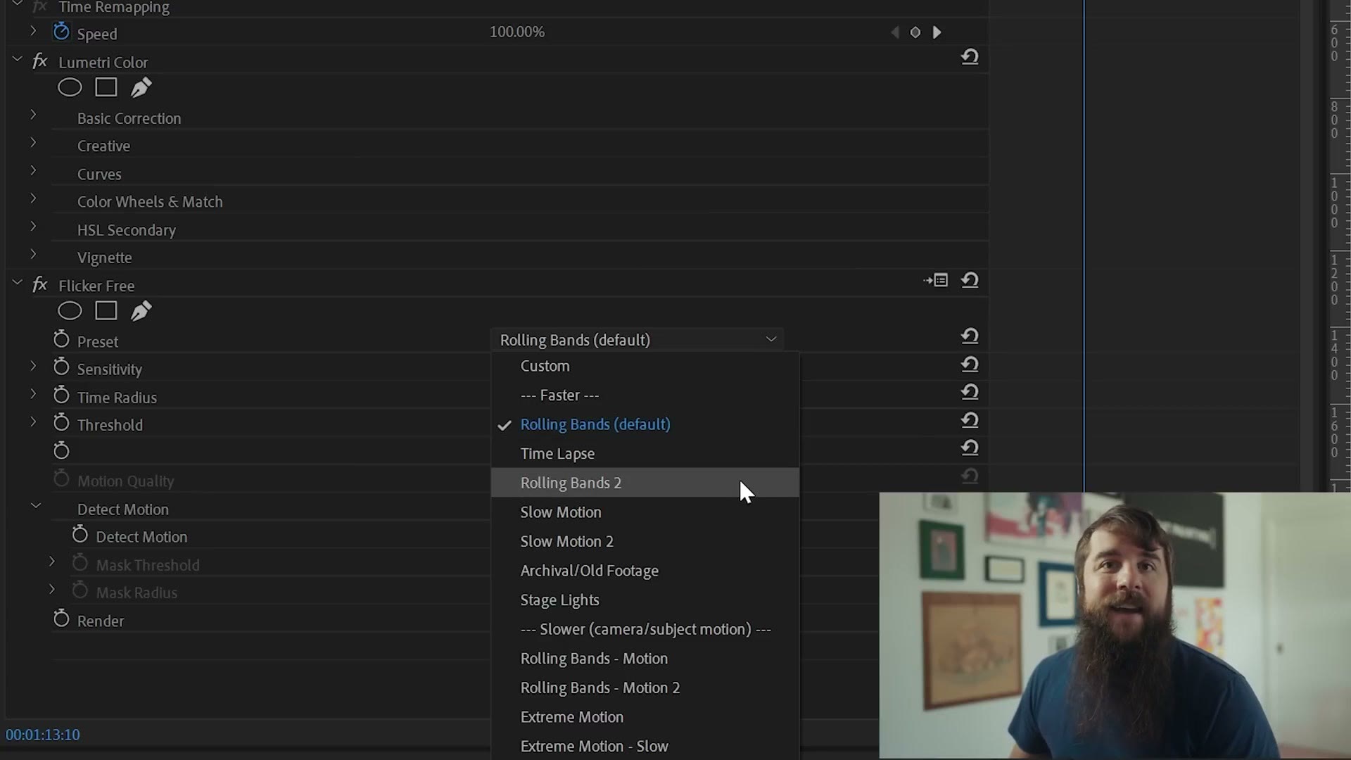 Flicker Free presets dropdown