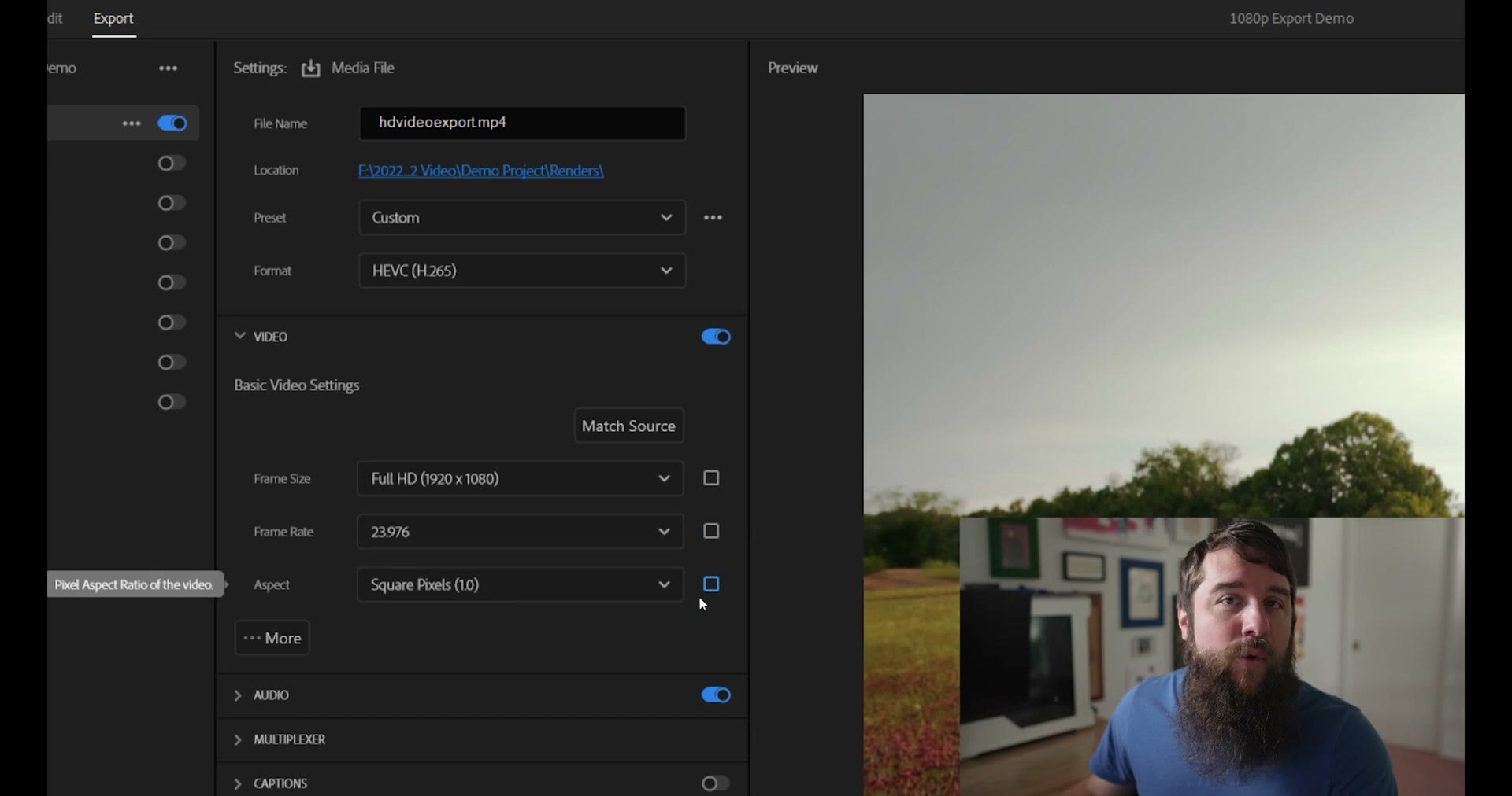 Frame rate set to 23.976 with square pixels