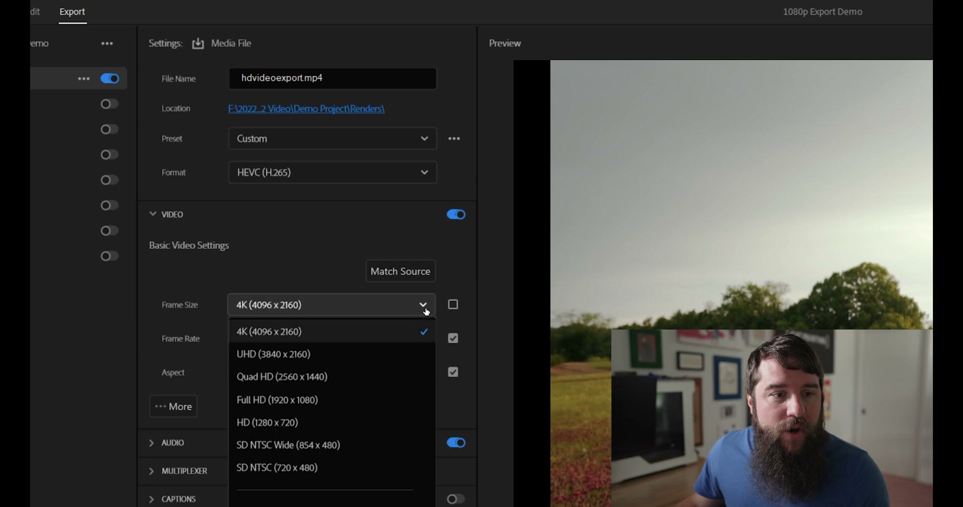Frame size dropdown open showing resolution options
