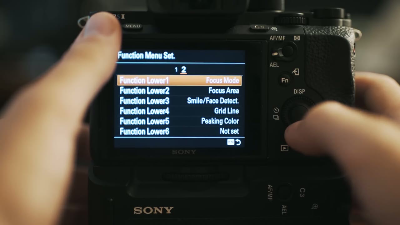 Function Menu Set. list on the a7S II with Function Lower1 highlighted, set to Focus Mode