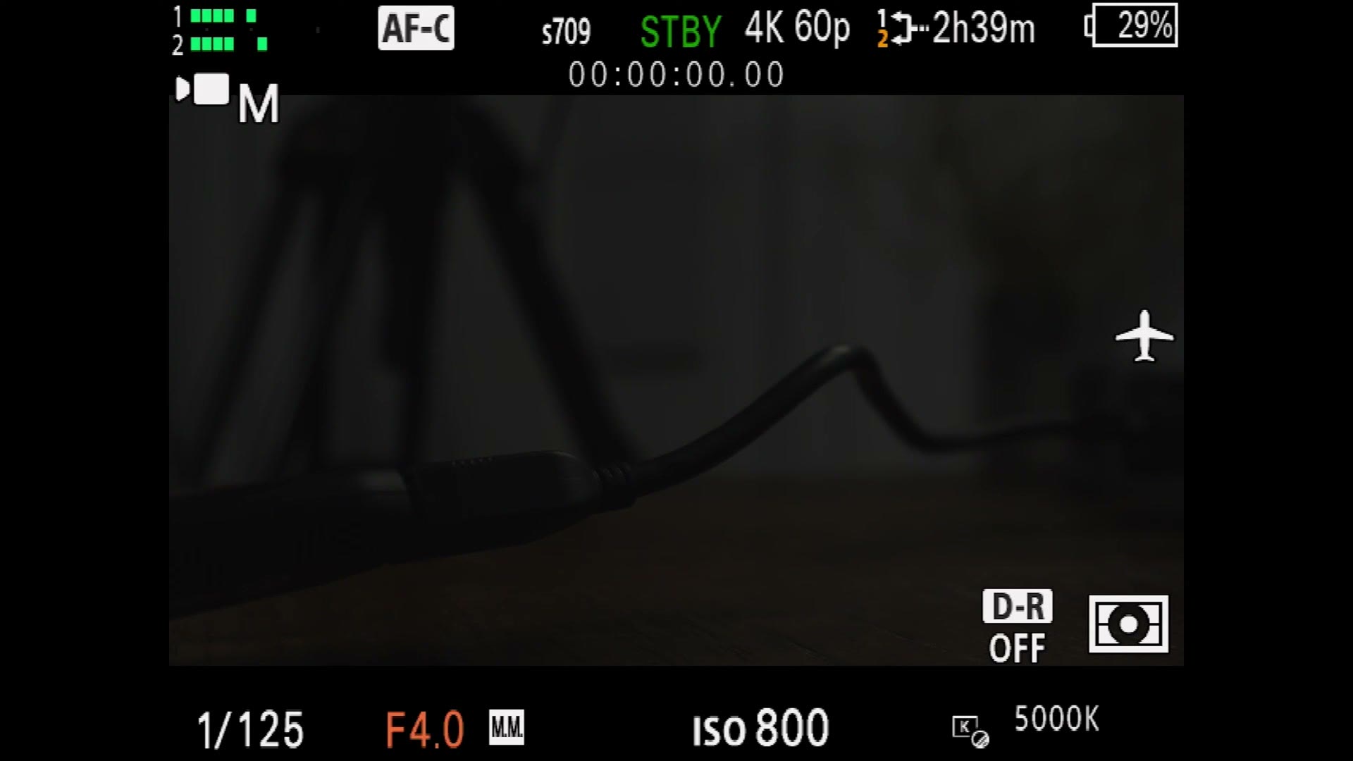 The FX30 live view showing 4K 60p at 1/125, F4.0, ISO 800