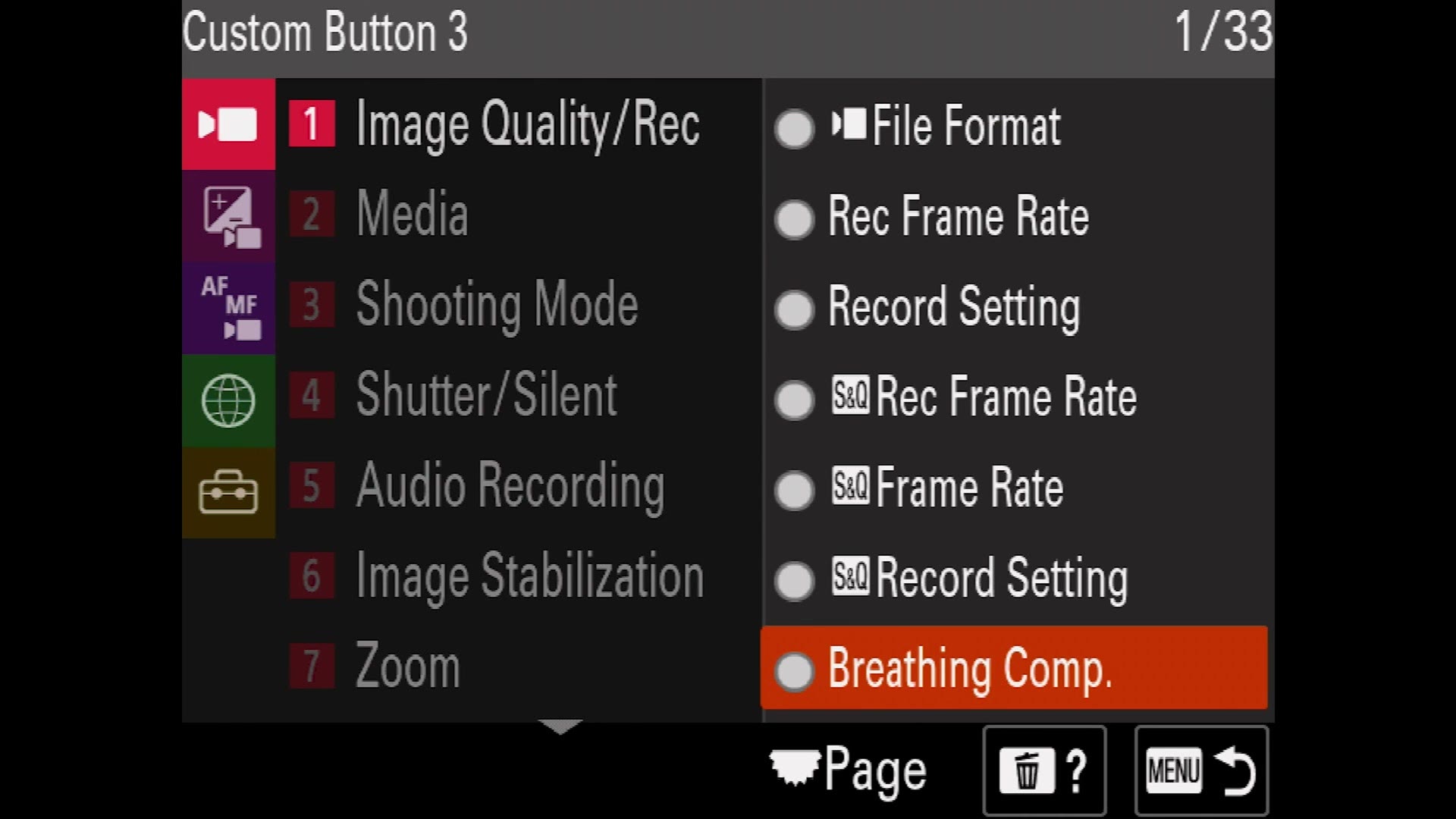 The FX30 custom button 3 assignment screen with Breathing Comp highlighted