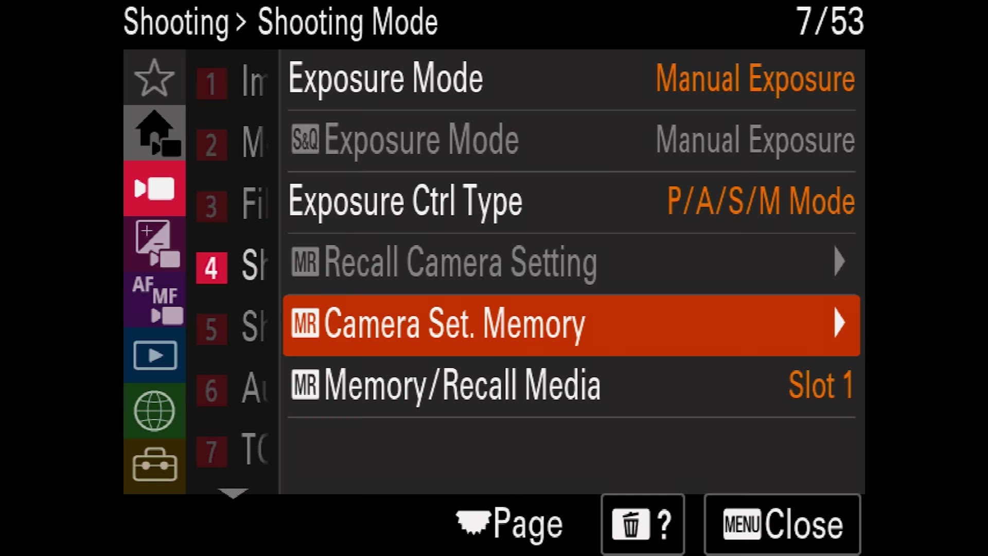 The FX30 shooting mode menu with Camera Set. Memory highlighted