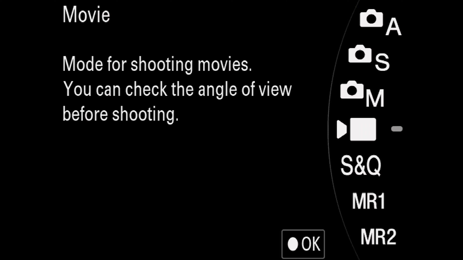 The Sony FX30 mode screen showing A, S, M, S&Q, MR1 and MR2