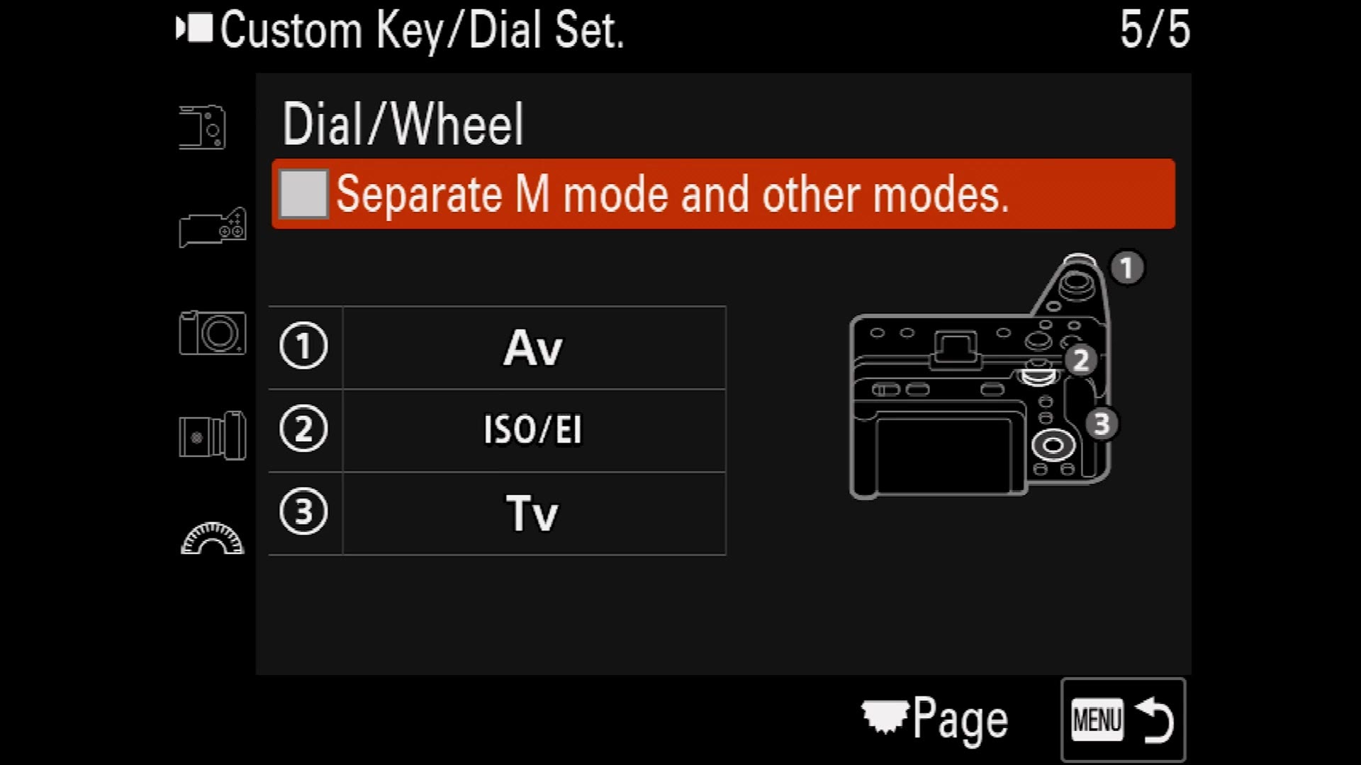 The FX30 dial and wheel assignment screen showing Av, ISO EI and Tv