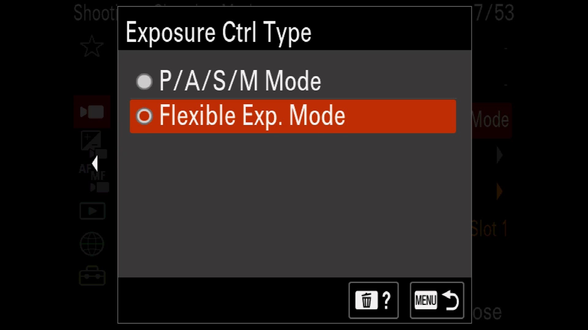 The FX30 Exposure Ctrl Type menu showing P/A/S/M Mode and Flexible Exp. Mode
