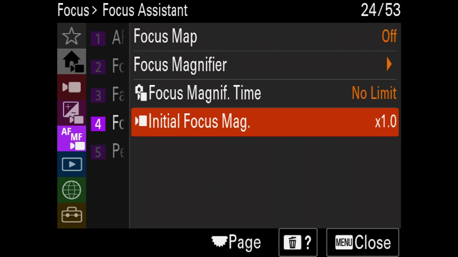 The FX30 Focus Assistant menu showing Focus Magnif. Time and Initial Focus Mag.