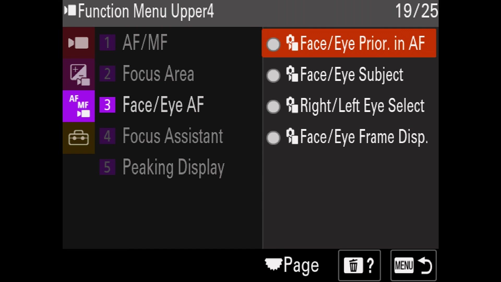The FX30 function menu settings screen with Face Eye Priority in AF selected